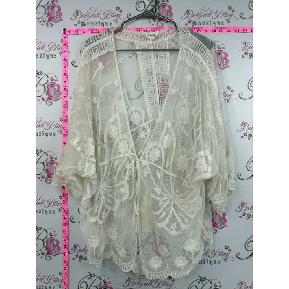Siren lily cardigan coverup embroidery Sheer Embroidered Ivory Kimono Cardigan